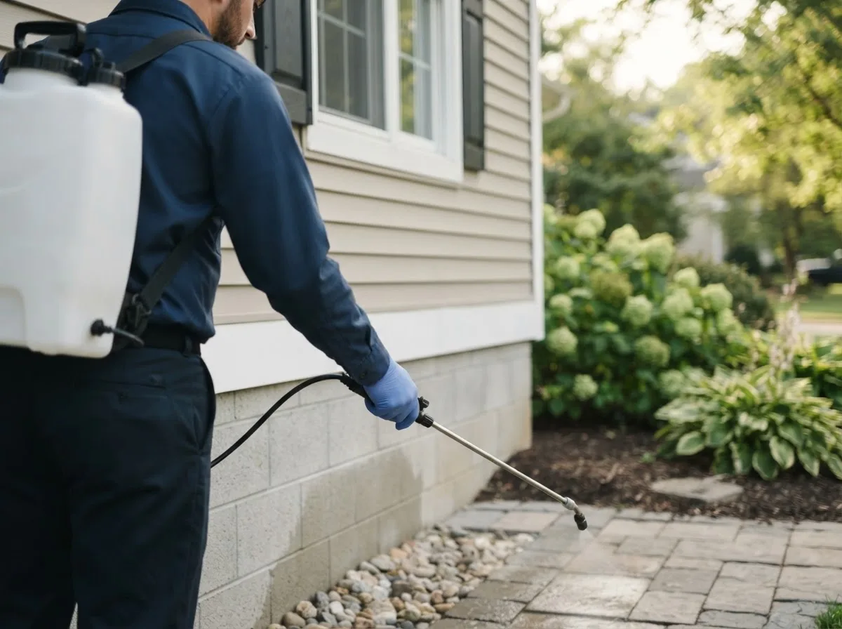 Pest control technician inspecting a home in Isabella, OK